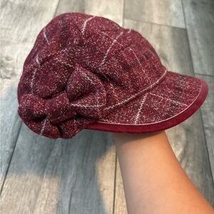 Stylish Red Tweed Cap with Bow